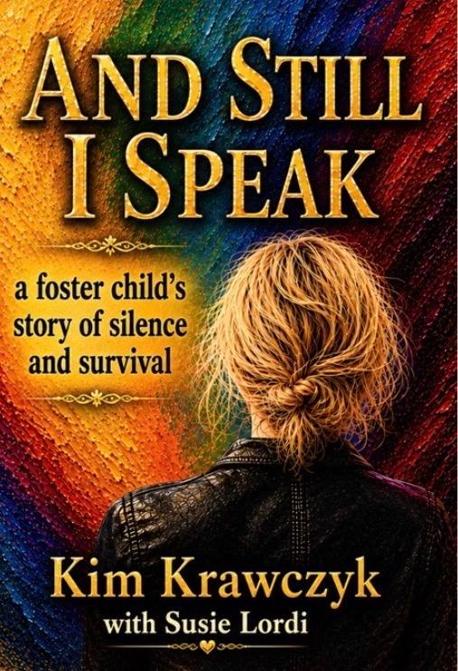 Book cover for "And Still I Speak" by Kim Krawczyk, featuring a child's back against a colorful rainbow background