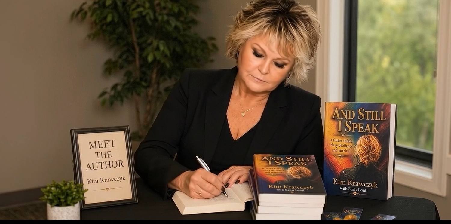 Kim Krawczyk signing books at a table with "Meet the Author" sign and her published works displayed