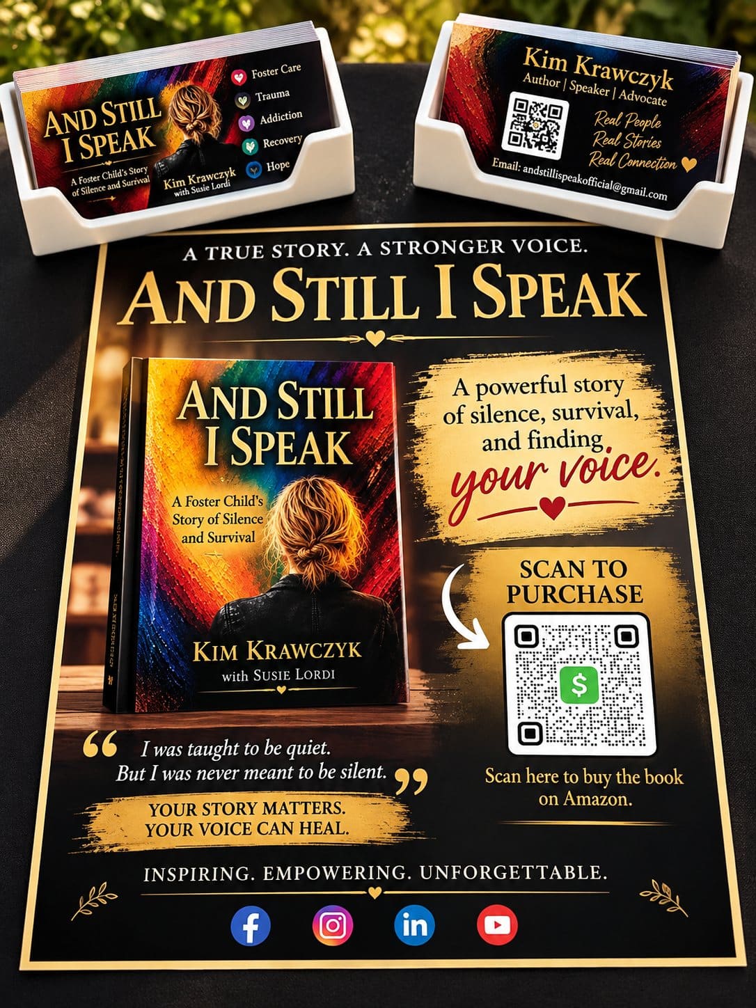And Still I Speak poster with a scan to purchase code, alongside Kim Krawczyk business cards
