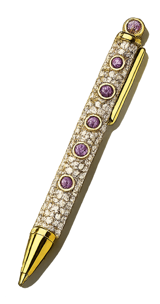 Luxury gold pen with purple amethyst stones and diamond accents